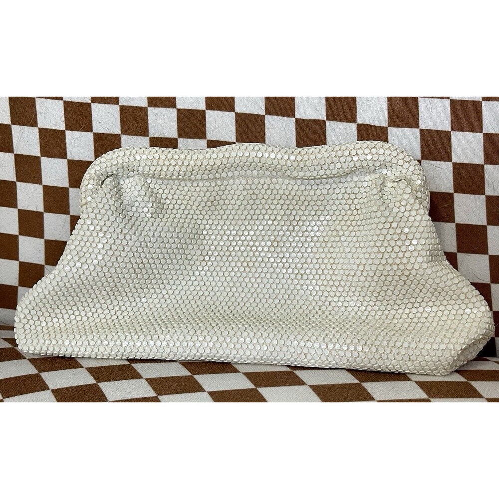 Vintage White Metal Mesh Clutch Purse Mid Century Gate Mouth Evening Bag Bridal